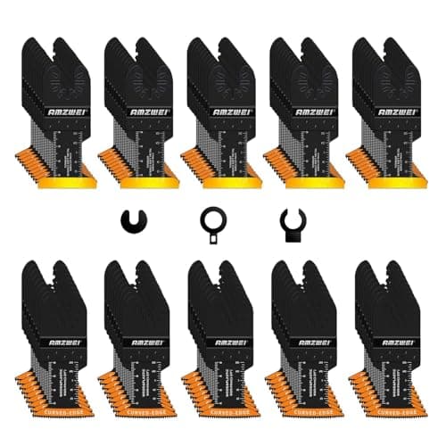 AMZWEI 100PCS Oscillating Tool Blades, Titanium & HCS Oscillating Saw Blades for Metal/Wood/Plastic Cutting, Curved Edge Multi Tool Blades Compatible with Dewalt, Milwaukee, Dremel, Ryobi, Rockwell