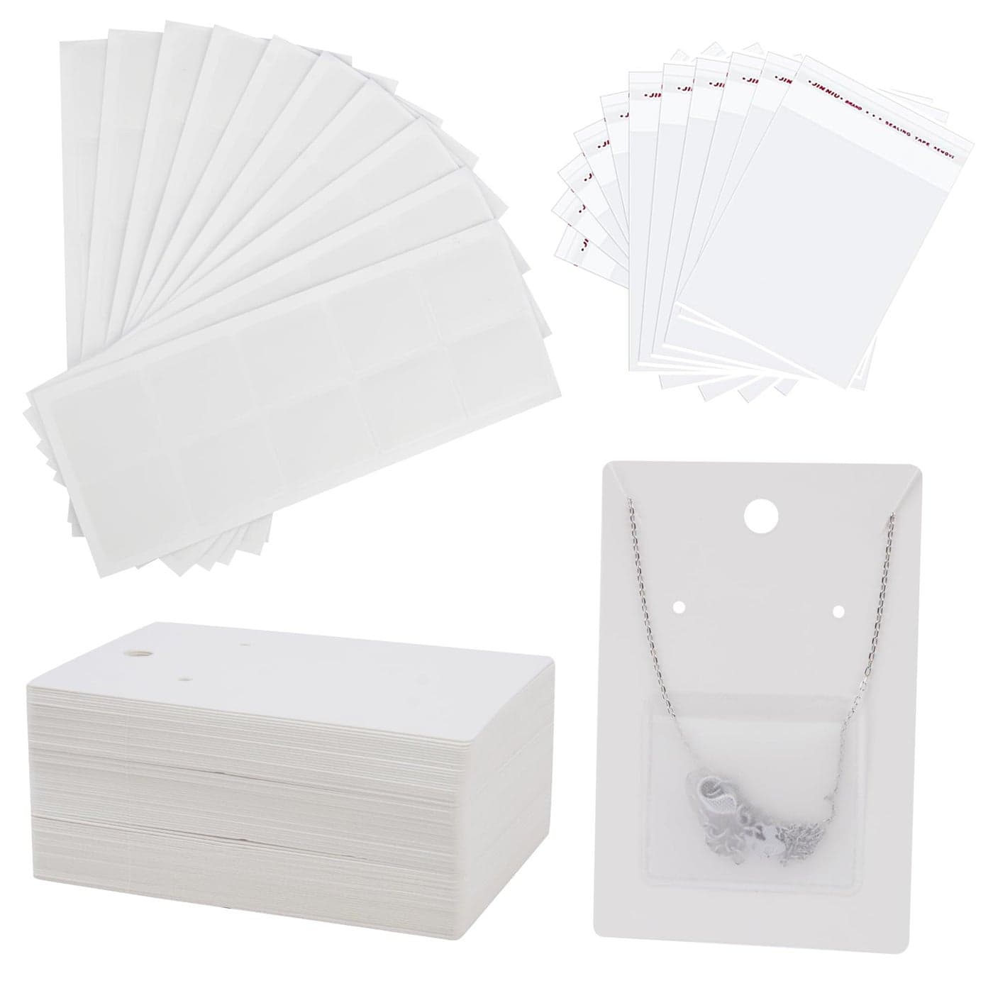Temlum 100 Pcs Jewelry Display Cards with 100 Pcs Adhesive Pouches and Clear Bags Necklace Earring Card Holders for Selling Jewelry Packaging Supplies White