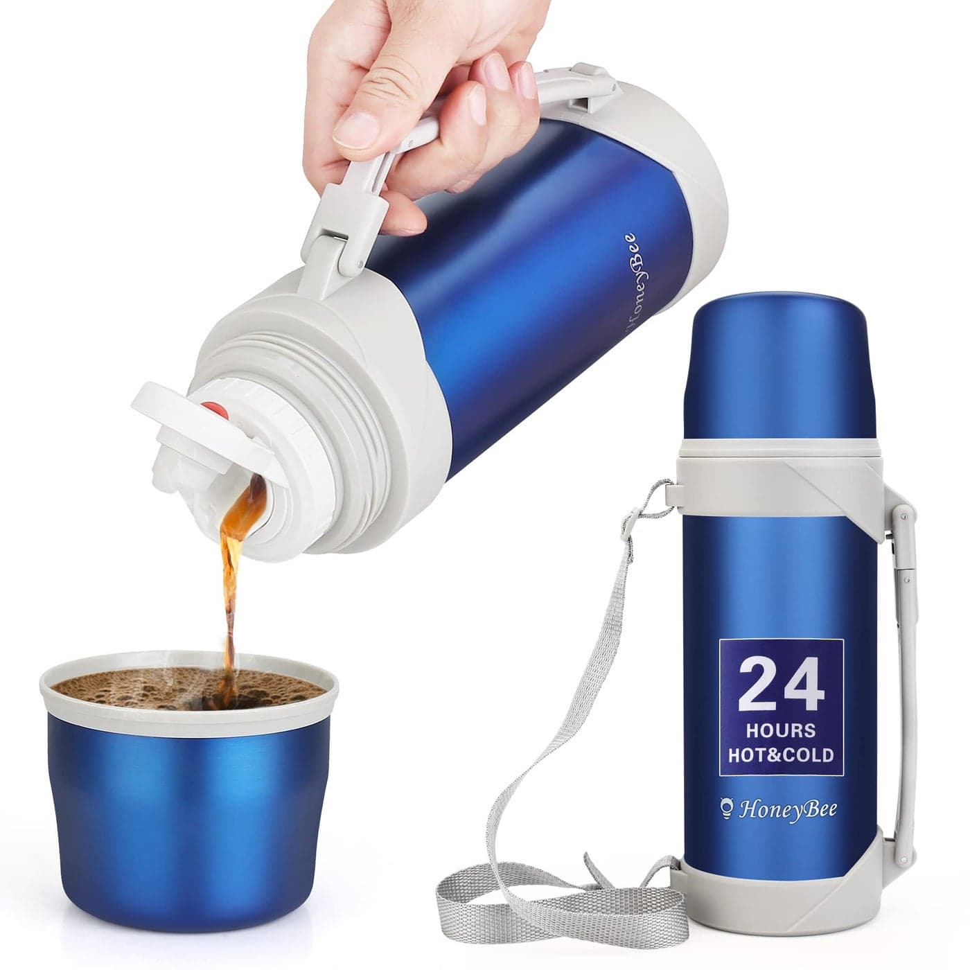 HoneyBee Hot Drinks Keeps Liquid Hot or Cold for Up to 24 Hours Thermos 41 Ounce Coffee Thermos 188 Stainless Steel BpaFree Insulated FlaskFlask for Hot Water Blue