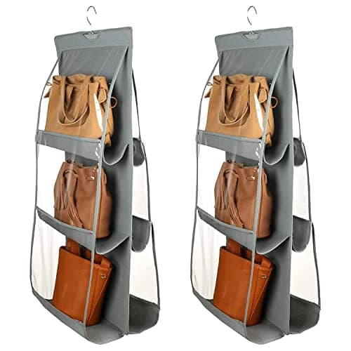 Kuber Industries Handbag Organizer 6 Pockets for Ladies| Non-Woven Foldable Bag Organizer for Wardrobe|Transparent with Hanger|Pack of 2 (Grey)