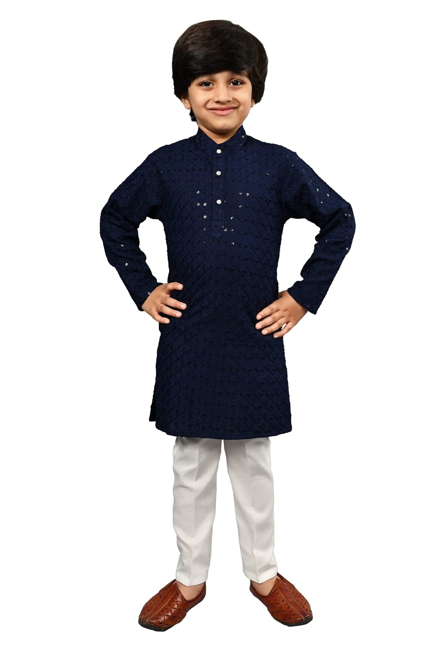 AHHAAAA Boys Cotton Floral Full Sequin Embroidery Mirror Work Kurta Sets With Pajama (Navy, 2-3 Yrs) 502Mf