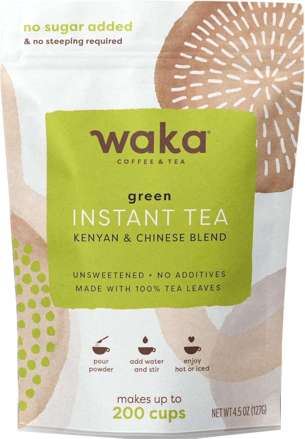 Waka Instant Green Tea Mix - 100% Tea Leaves, Unsweetened Powder for 200 Cups, Easy Hot or Iced Tea