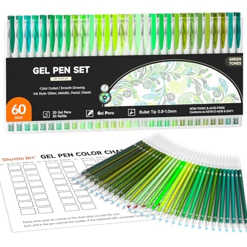 Shuttle Art 60 Pack Green Tone Gel Pens 30 Green Tone Gel Pens with 30 Refills for Adults Coloring Books Journaling Drawing Nature Landscapes Animals Scenes