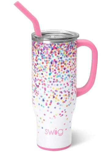 Swig Life 30oz Mega Mug 30 oz Tumbler with Handle and Straw Cup Holder Friendly Dishwasher Safe Extra Large Insulated Tumbler Stainless Steel Confetti