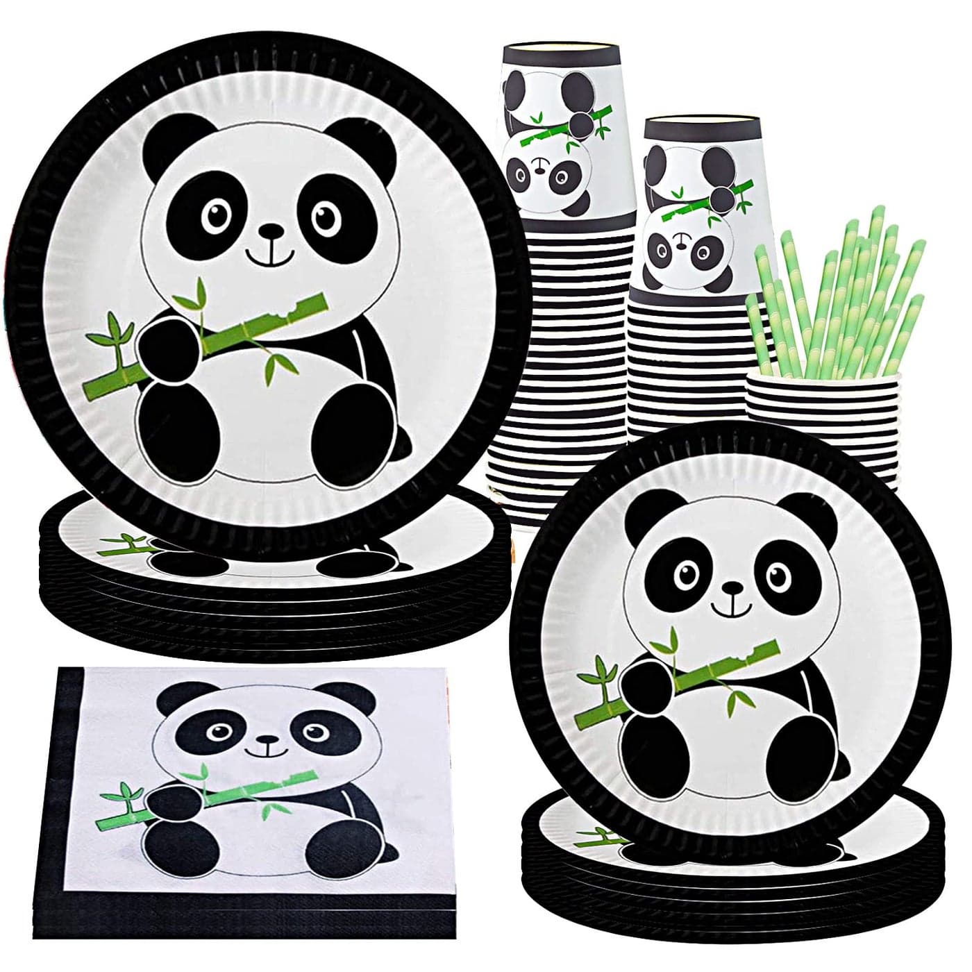 DISRUB Panda Party Supplies Panda Tableware Set Including Panda Paper Plates Cups Napkins Straws for Panda Birthday Wediing Baby Shower Party Serves 10 Guest