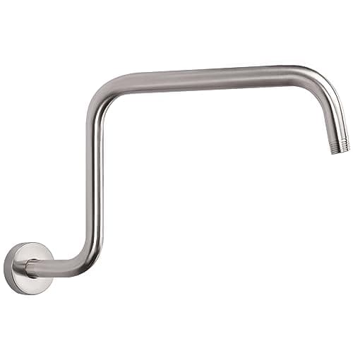 HarJue S Shaped Shower Arm, High Rise Shower Head Extension Pipe Standard 1/2" Connection with Flange, Awesome Shower Experience-Stainless Steel Bathroom Accessory(16 Inch Z-S Shape, Brushed Nickel)