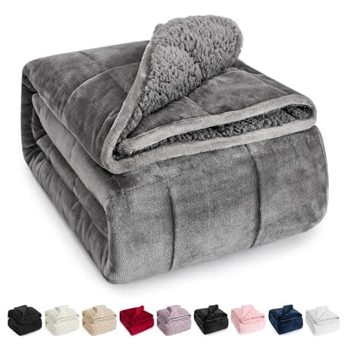 Wemore Sherpa Fleece Weighted Blanket for Adult, 12 lbs Dual Sided Cozy Fluffy Heavy Blanket, Ultra Fuzzy Throw Blanket with Soft Plush Flannel Top, 48 x 72 inches, Grey on Both Sides