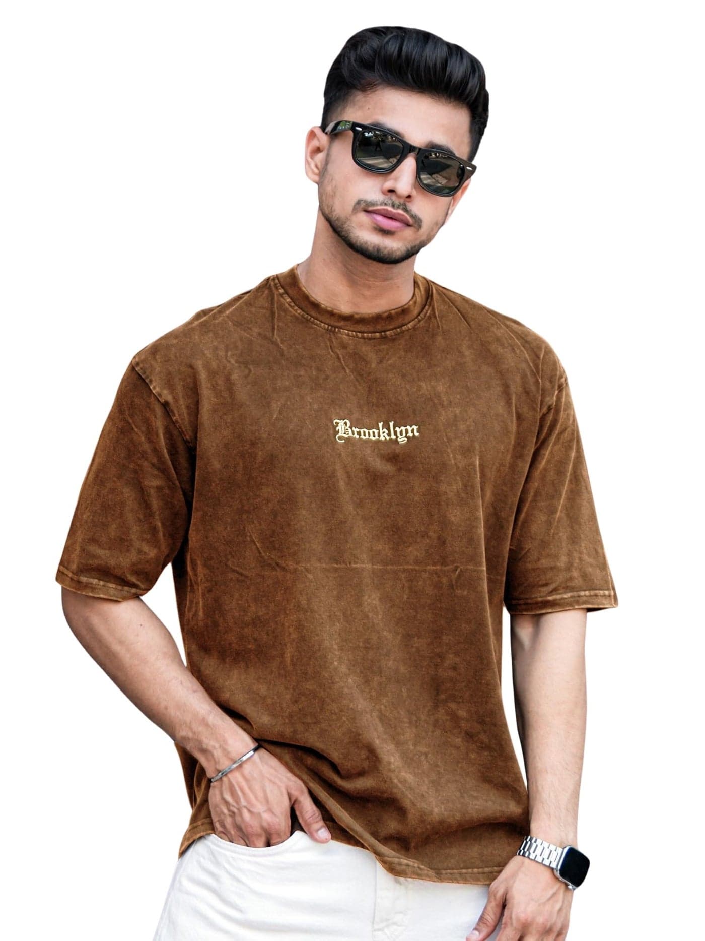 Maniac Mens Acid Wash Printed Brooklyn Round Neck 3/4th Sleeve Brown Cotton T-Shirt