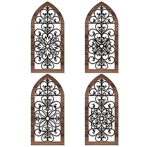 4 Pieces Thicken Rustic Wood Wall Decor Arch Modern Farmhouse Wall Art Decor Wooden Hollow Carved Design Rustic Home Art for Living Room Bedroom Office Kitchen Classic Style