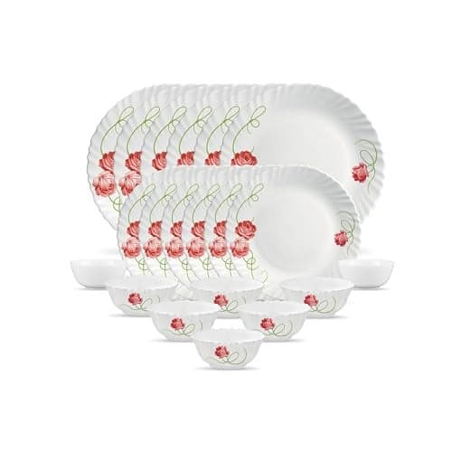 La Opala Novo Collection Opal Glass Crockery | for Family of 6 | Dinner Set 20 pcs Dainty Swirls | Plates & Bowls for Dining | Microwave Safe | 100% Vegetarian | Extra Strong | Light & White