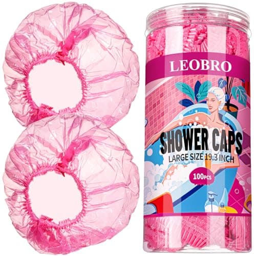 LEOBRO Disposable Shower Caps, 100PCS Large Shower Cap, Plastic Shower Caps for Women Disposable, Thick Plastic Caps for Hair Treatment, Large Size 19.3 INCH, Pink