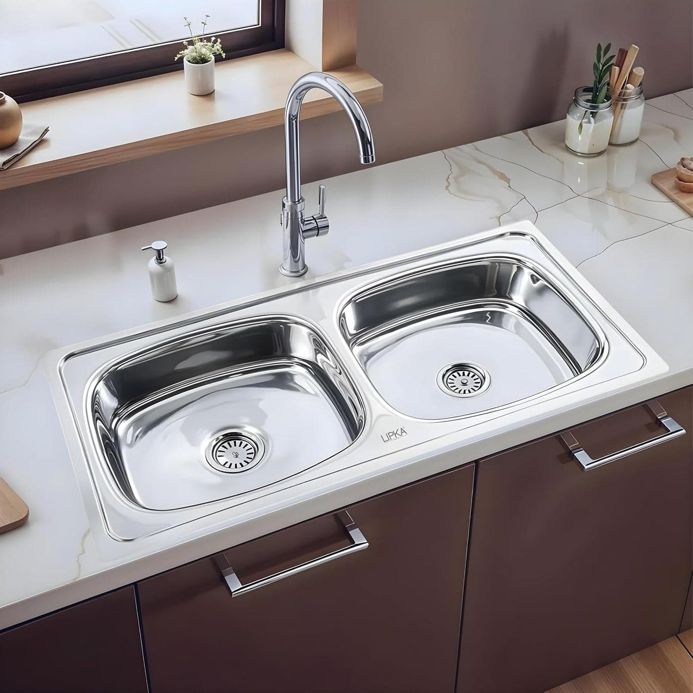 LIPKA Round Double Bowl 45 x 20 x 9 inches Kitchen Sink Premium Stainless Steel Square Double Bowl Kitchen Sink with Glossy Finish Including Sink CouplingDouble Bowl Connector and Waste Pipe