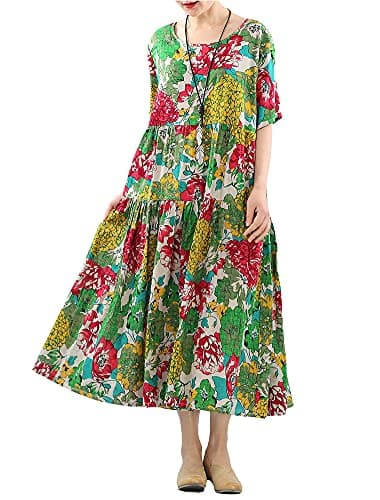 Minibee Women's Bohemian Maxi Dress Summer Short Sleeve Boho Floral Long Beach Swing Dresses with Pockets Green M