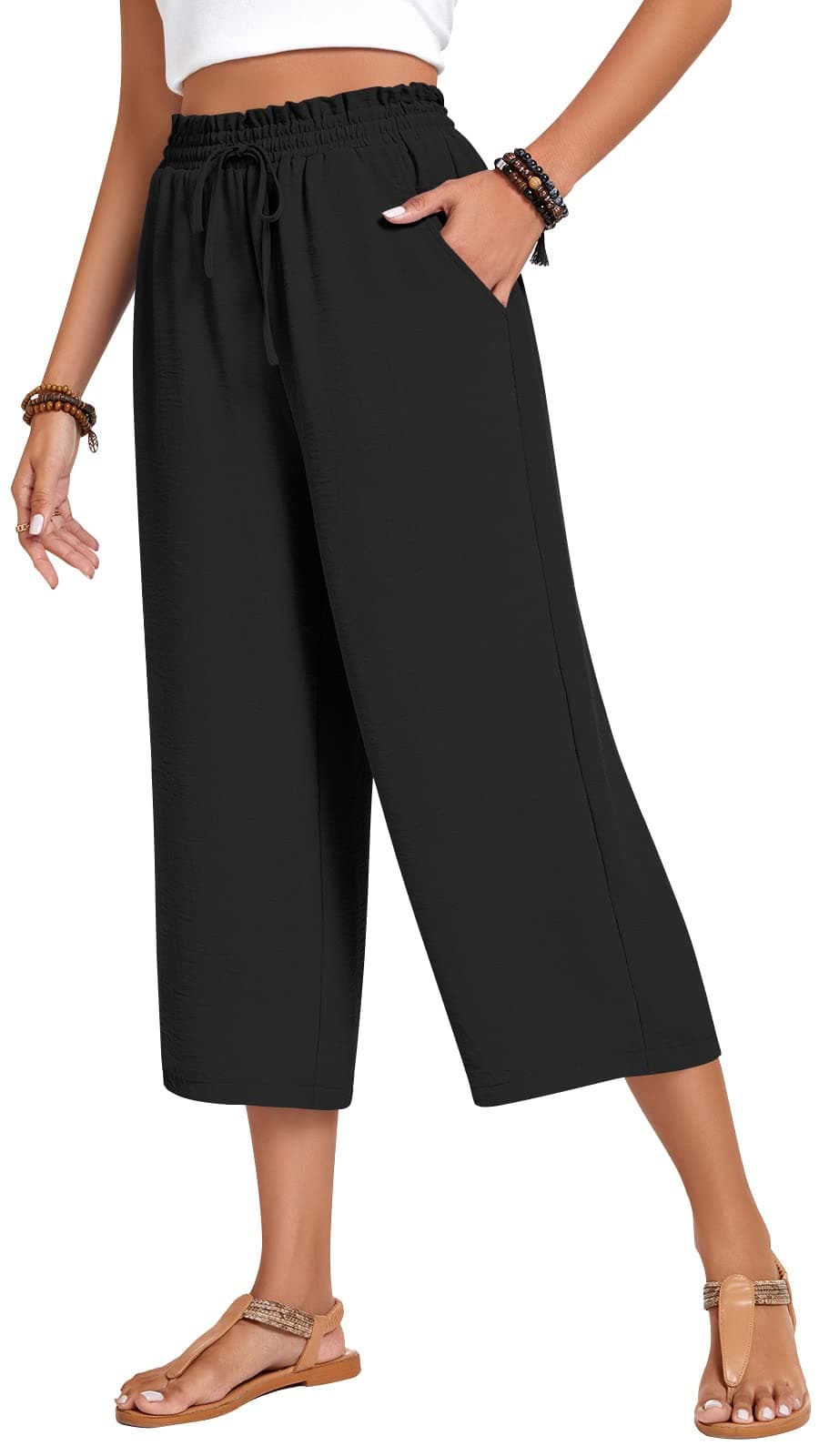 Anyhold Womens Plus Size Capri Pants Loose High Waisted Wide Leg Lounge Pants Drawstring Casual Palazzo Trousers with Pockets 3X-Large, Black