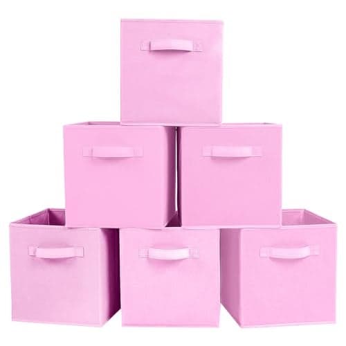 PowerKing Collapsible Storage Cubes with Handles, Fabric Foldable Bins for Closet Shelves, Durable Organization Storage Bins, 10.5'' x 11'' x 10.5'', 6 Pack, Pink