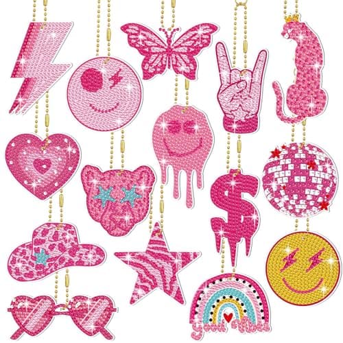 Siifert 15 Pcs Preppy Diamond Painting Art Keychain Pink Diamond Painting Kits Preppy Pink Leopard Smile Face Keychain Cute Party Favors for Adult Women Beginner DIY Crafts Gifts Supplies