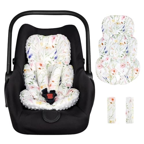 CARUILI Infant Car Seat Insert Car Seat Head Support Baby Girls Boys Soft Reversible Newborn Carseat Insert Cushion with 2 Strap Covers for Stroller Swing Bouncer White Wildflowers