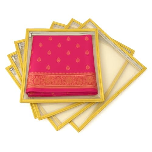 RAAHII 20 piece Transparent single saree cover with zip, suit packing plastic covers for sadi, duppata, clothes bags, kurti for wedding gifting or wardrobe storage organizer(GOLDEN, Pack of 20), 37 Cm