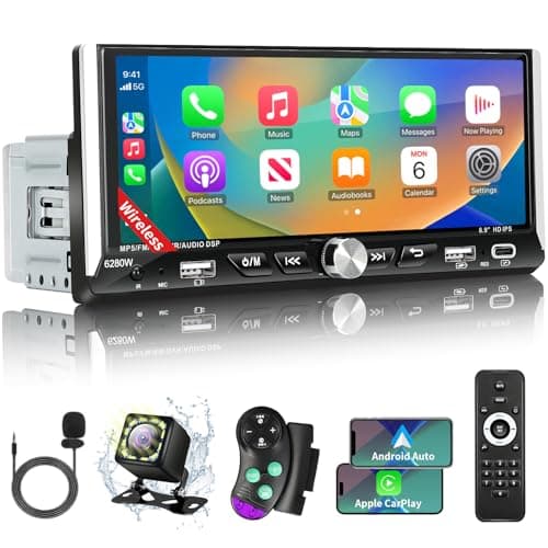 Single Din Touchscreen Car Stereo with Wireless Apple Carplay Android Auto, 6.9" HD Touch Screen Car Stereo with Bluetooth, Mirror Link, Backup Camera GPS Navigation USB/Type-C Charge AM/FM EQ SWC MP5