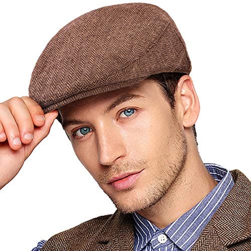 Classic Herringbone Irish Newsboy Hat Brown Wool Tweed Ivy Flat Cap Retro 7 5/8