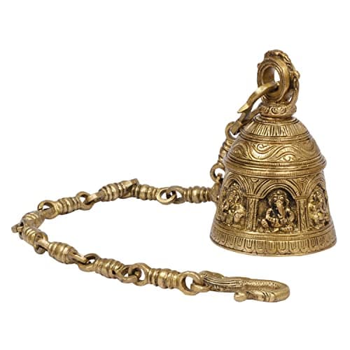 Kartique Brass Musical Ganesha Bell - 6 Inch Height Intricate Design with Chain, Golden Finish, Ideal for Puja and Home Decor