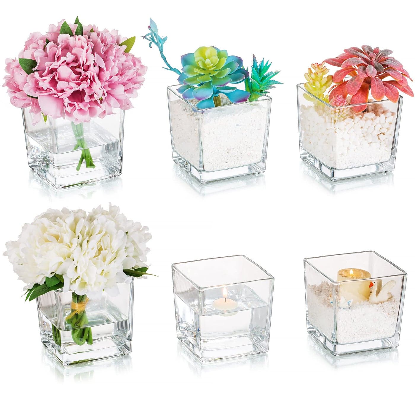 Square Glass Vases Set of 6 Hewory 5x5 Clear Cube Flower Vase Candle Holders for Wedding Centerpieces Home Decor Events Party Ceremony Not Include Flower and Candle