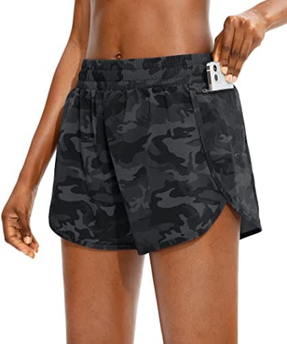 Soothfeel Womens Running Shorts with Zipper Pockets High Waisted Athletic Gym Workout Shorts for Women with Liner Grey Camo