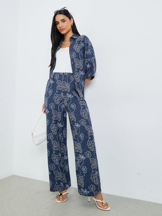 Styli Navy Blue Floral Print Shirt and Trousers Co-Ords