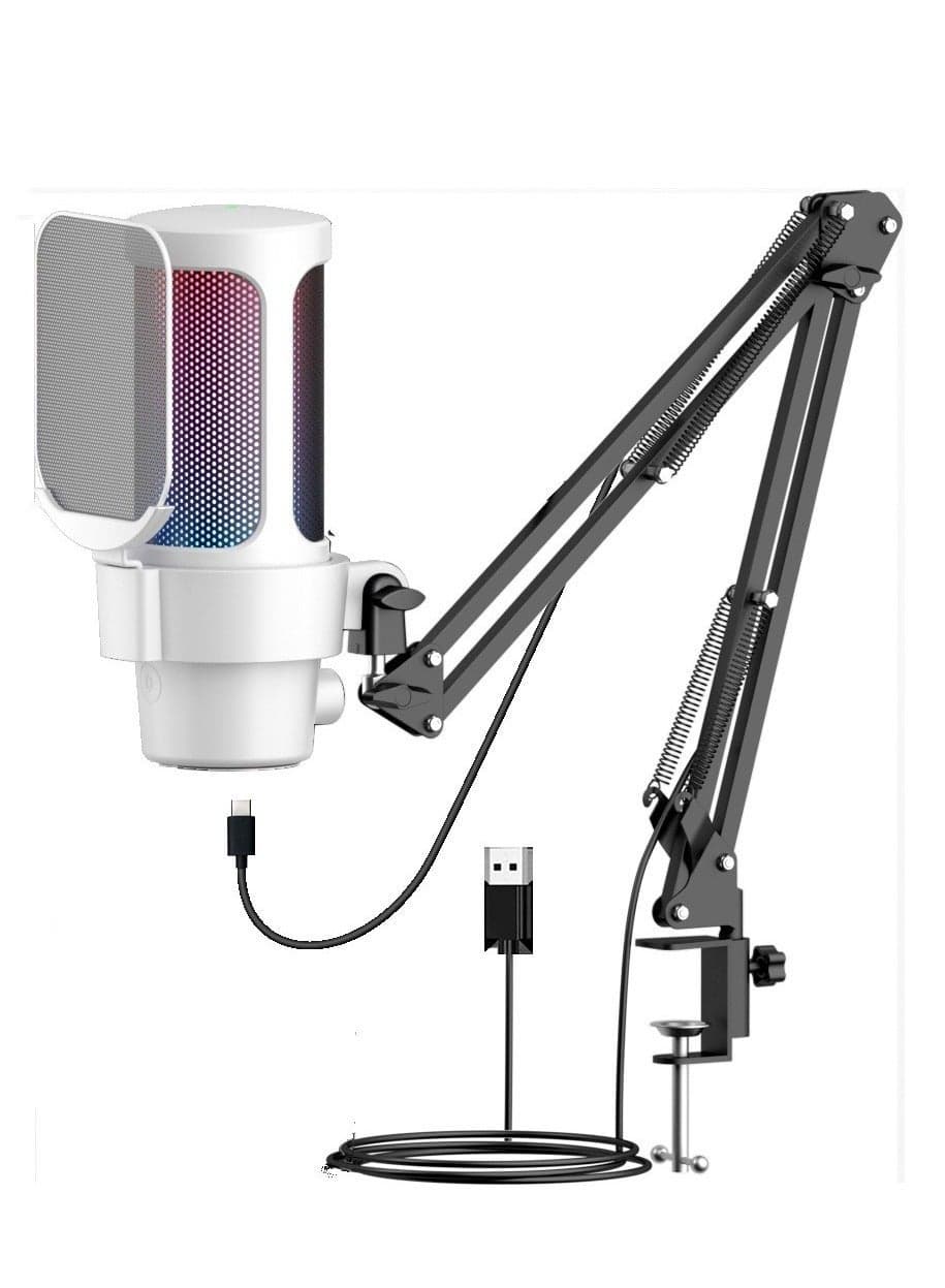 Gaming PC USB Microphone Podcast Condenser Mic with Boom Arm Pop Filter Mute on for Streaming Twitch Online Chat RGB Computer Mic for PS4 PC Gamer Youtuber White