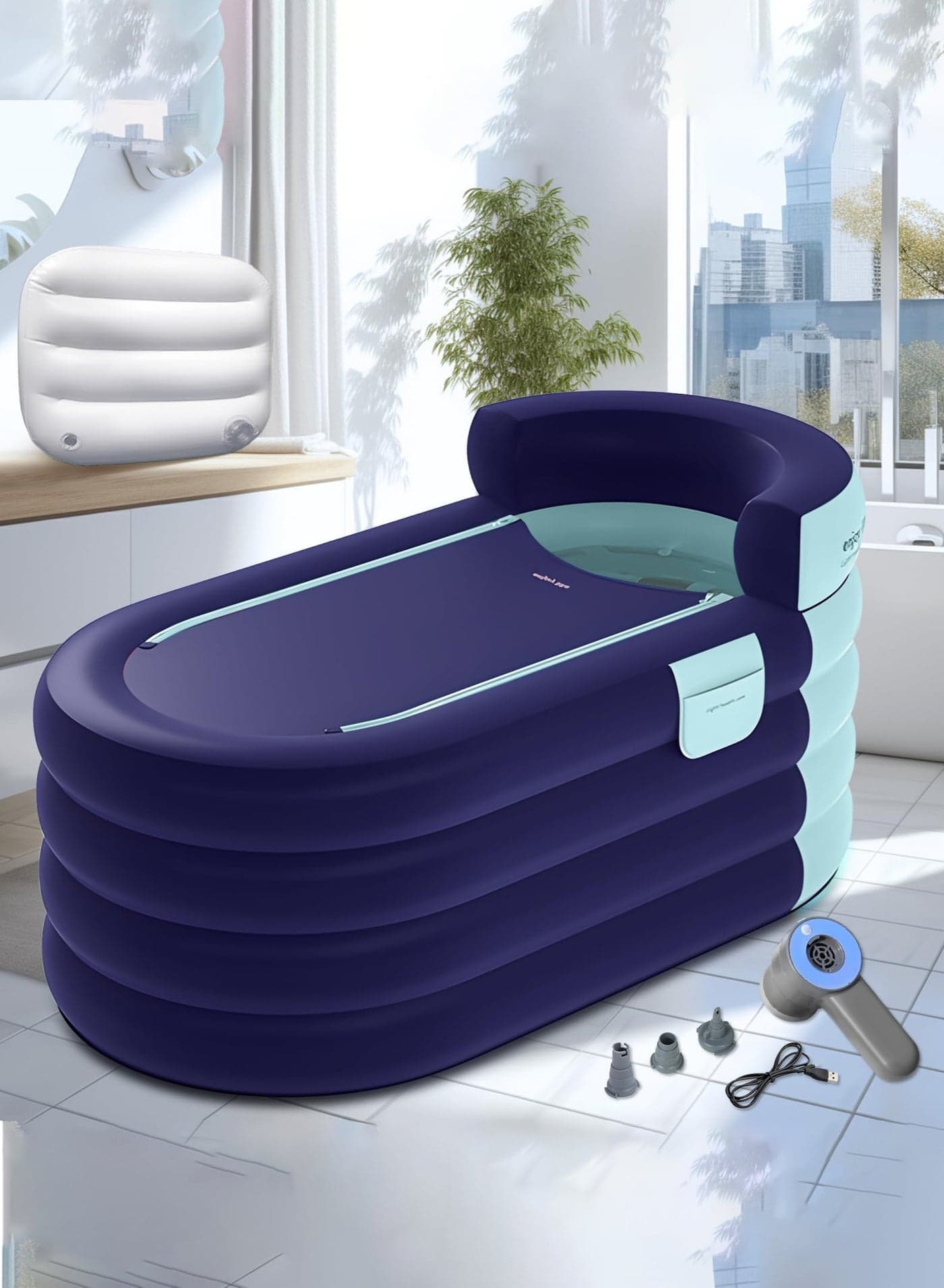 Inflatable Bathtub Adult 63'' Portable Blow Up Bath Tubs with Cordless Air Pump, Ideal for Hot Ice Bath, Quick Drain Design with 9'10'' Long Hose, Phone Pocket, Water Cushion