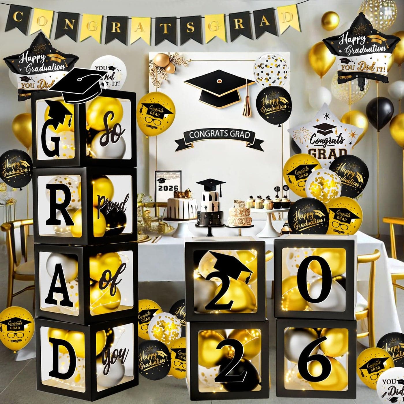 Graduation Decorations Class of 2026 Black and Gold Graduation Decorations Balloons Boxes with Letters 2026 GRAD So Proud of You Congrats Grad Party Decorations for Any Grades