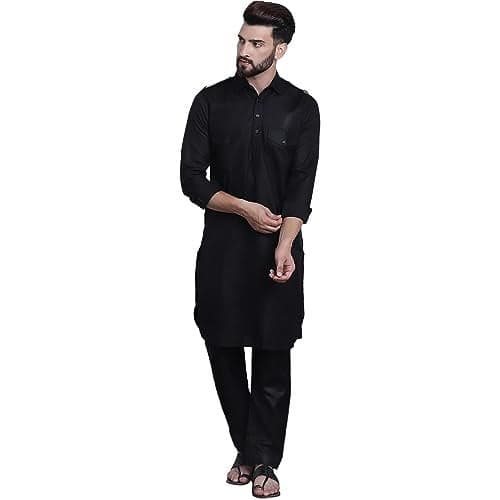 Royal Kurta Men's Cotton Linen Pathani Kurta and Salwar Set (40, Black)