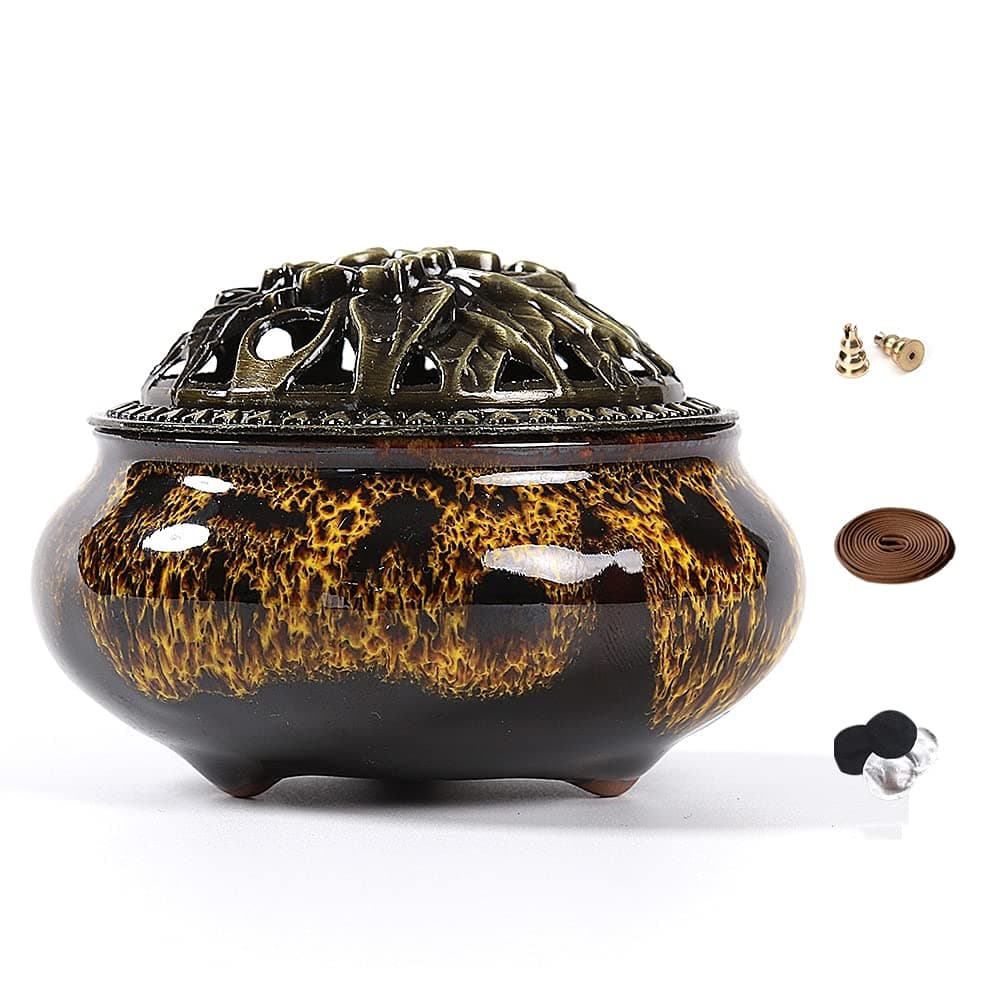 LAMDAWN Ceramic Incense Burner with Incense Stick Holder Insulation use for Stick or Coil Incense Sage Cones and Frankincense Fambe Yellow