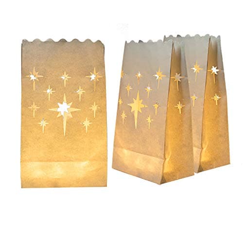 Homemory White Luminary Bags, Upgraded Moisture-Proof Candle Bags, Stars Design Luminaries for Wedding, Party, Halloween, Thanksgiving, Christmas (24)