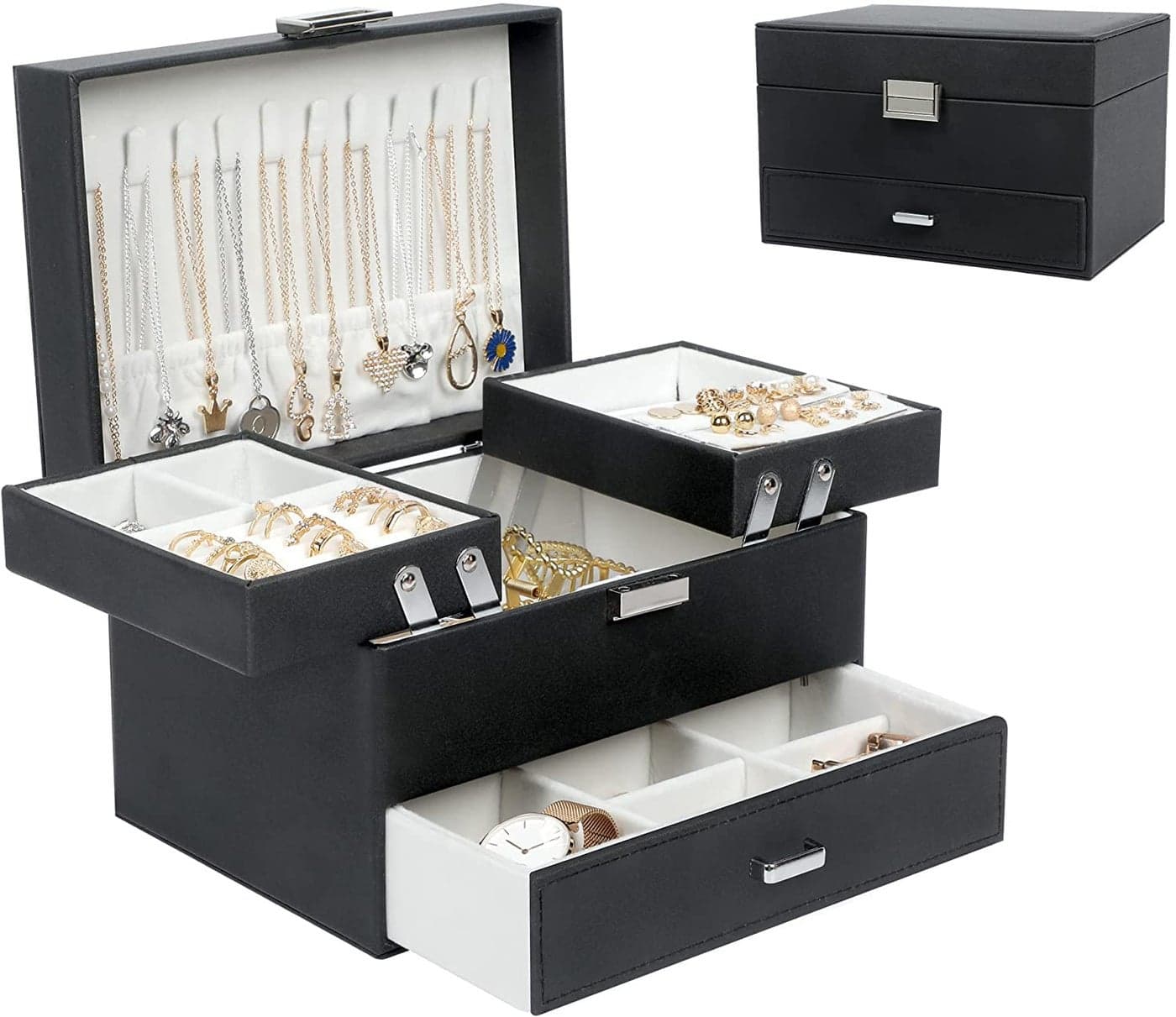 Sagrach PU Leather Jewelry Storage Display Case for Drawer Dresser | Jewellery Holder Trays for Earring Ring Necklace Watch (1Pc, 22.5cm x 14.2cm x 14.2cm, Black)