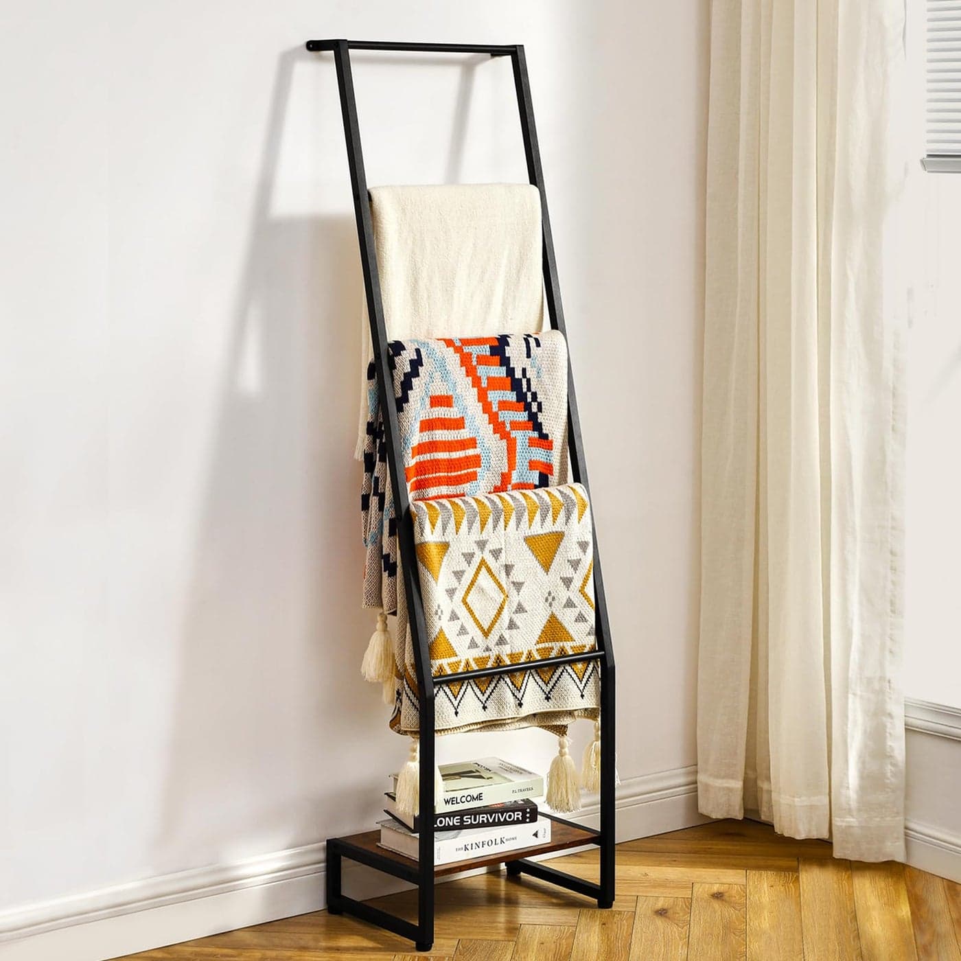 DGWJSU Blanket Ladder 5 Tier Ladder ShelfWooden Blanket Ladders for Living Room and Bedroom 52ft Blanket Holder Rack Farmhouse Ladder Rack for Storage and Home Decor Rustic Brown and Black
