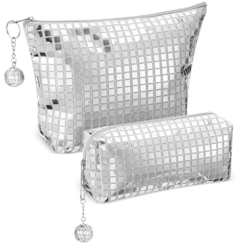 Reginary 2 Pcs Disco Cosmetic Makeup Bags Women Silver Glitter Sequin Mirror Bag Large Travel Handbag with Disco Ball Zipper Storage Makeup Bag for Christmas New Year Bridal Bachelorette Party Gifts