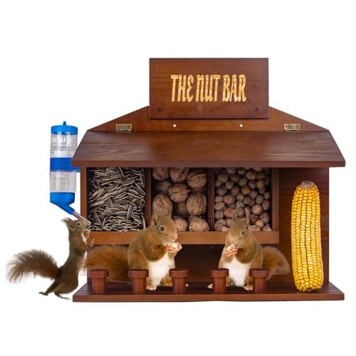 Wooden Large Size Squirrel Picnic Table Feeder for Outside,Can Hang on The Tree,Set:3 Food Slots + 1 Corn Cob Holder + 5 Stools + 1 Feeding Water Bottle,Nut Bar,15.74 * 6.29 * 14.17 in (Large)