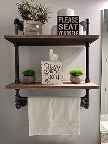 LooftMate Industrial Pipe Shelf,2 Tiered Metal Towel Racks for Bathroom,20" Industrial Pipe Floating Shelves Shelving,Rustic Wood Wall Mount Shelf with Bar,Iron Towel Holder