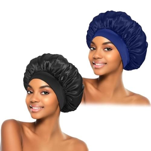 ZHENSILK 2Pcs Silk Bonnet for Sleeping Satin Hair Bonnets Soft Elastic Band Silk Sleep Cap Hair Wrap for WomenBlack Navy Blue