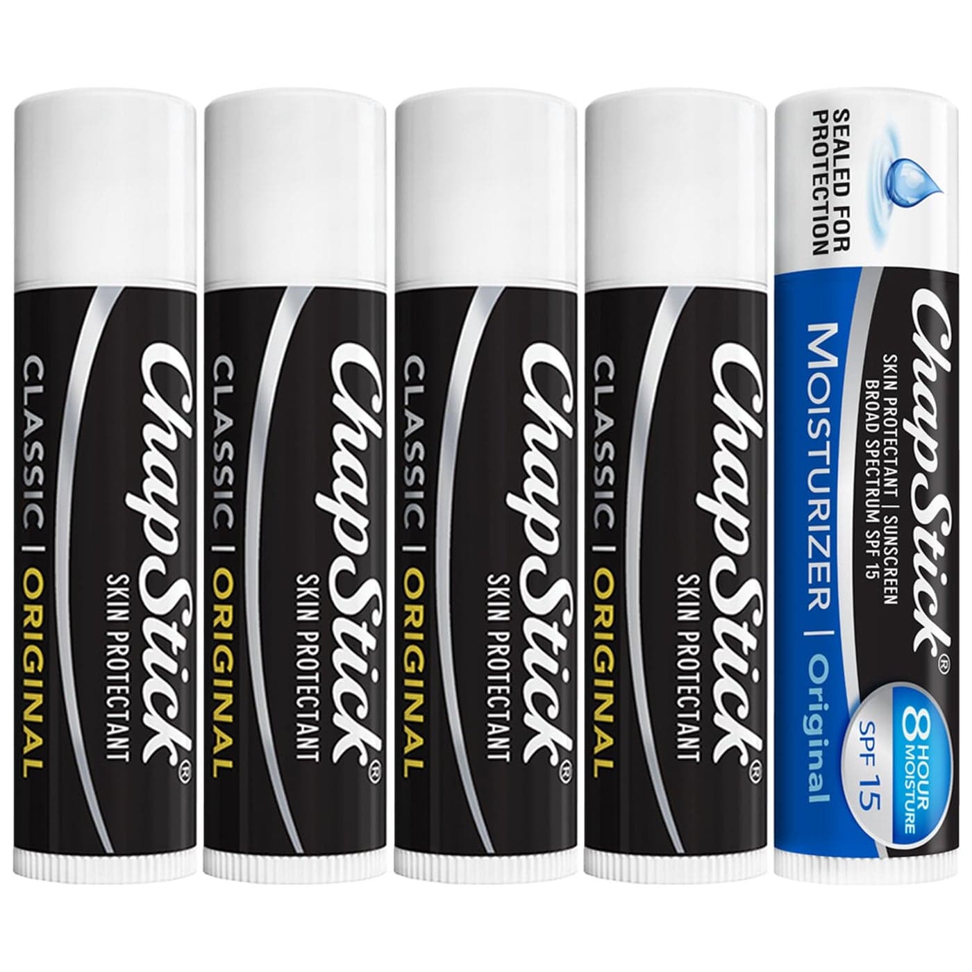 ChapStick Original Lip Balm 4Pack 1 Chapstick Moisturizer 2in1 Lipcare with SPF 15 015 Oz Ea 5 Piece Set