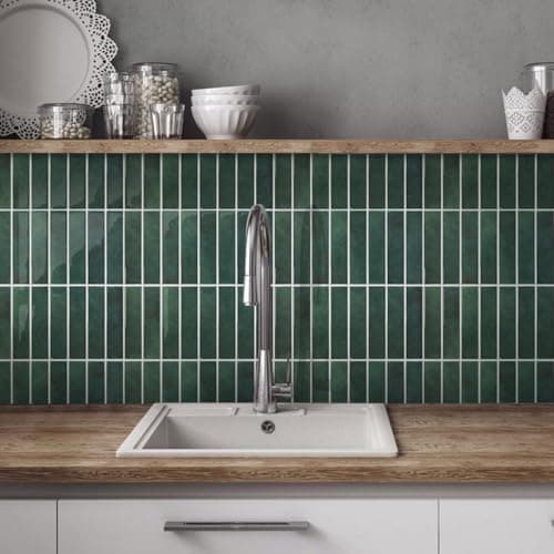 Commomy Green Peel and Stick Tile - 10 Pcs of 12'' x 12'' Vertical 3D Peel and Stick Backsplash for Kitchen and Bathroom Interior Wall Tile(Glossy Surface, Covers 10 sq.ft)