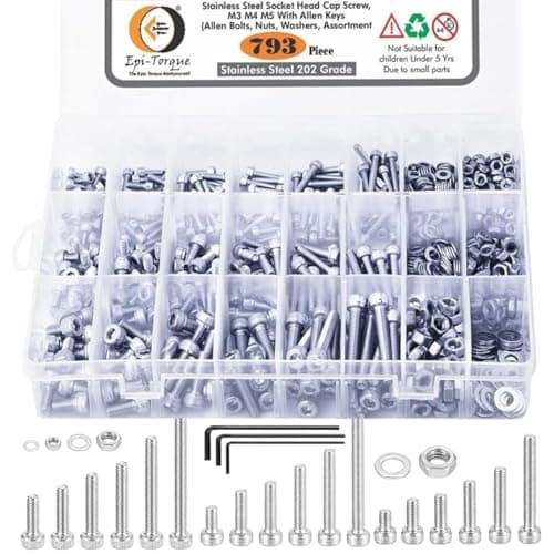 Epi-Torque; The Epic Torque #Doityourself M3 M4 M5 Stainless Alloy Steel 202 Grade Socket Head Cap Screws Nuts Allen Bolt Washer with Allen Keys Assortment Kit Set with Storage Box Pack of 793 Pcs