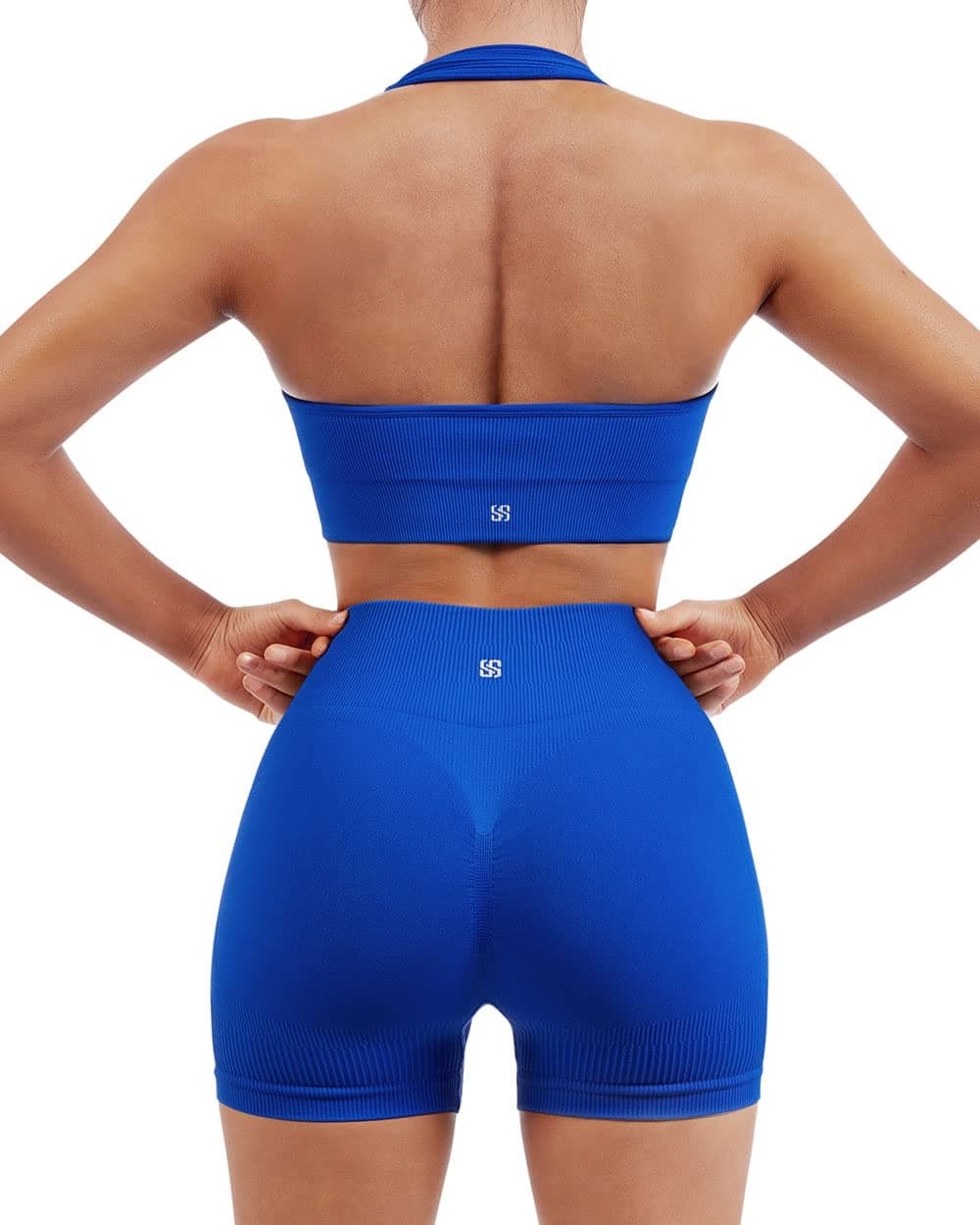 SUUKSESS Women Two Piece Seamless Ribbed Workout Sets Outfits Backless Halter Sports Bra Booty Biker Shorts (Royal Blue, L)