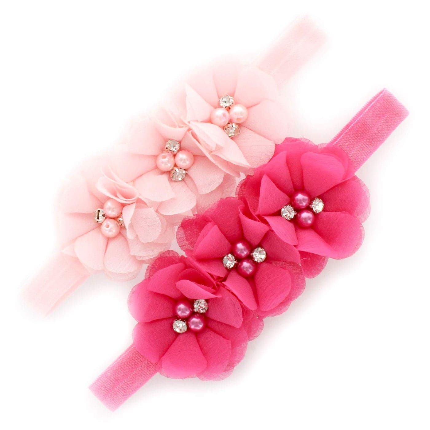 My Lello Baby Flower Headbands Fabric Beaded Trio Stretchy Elastic Pair Light PinkHot Pink