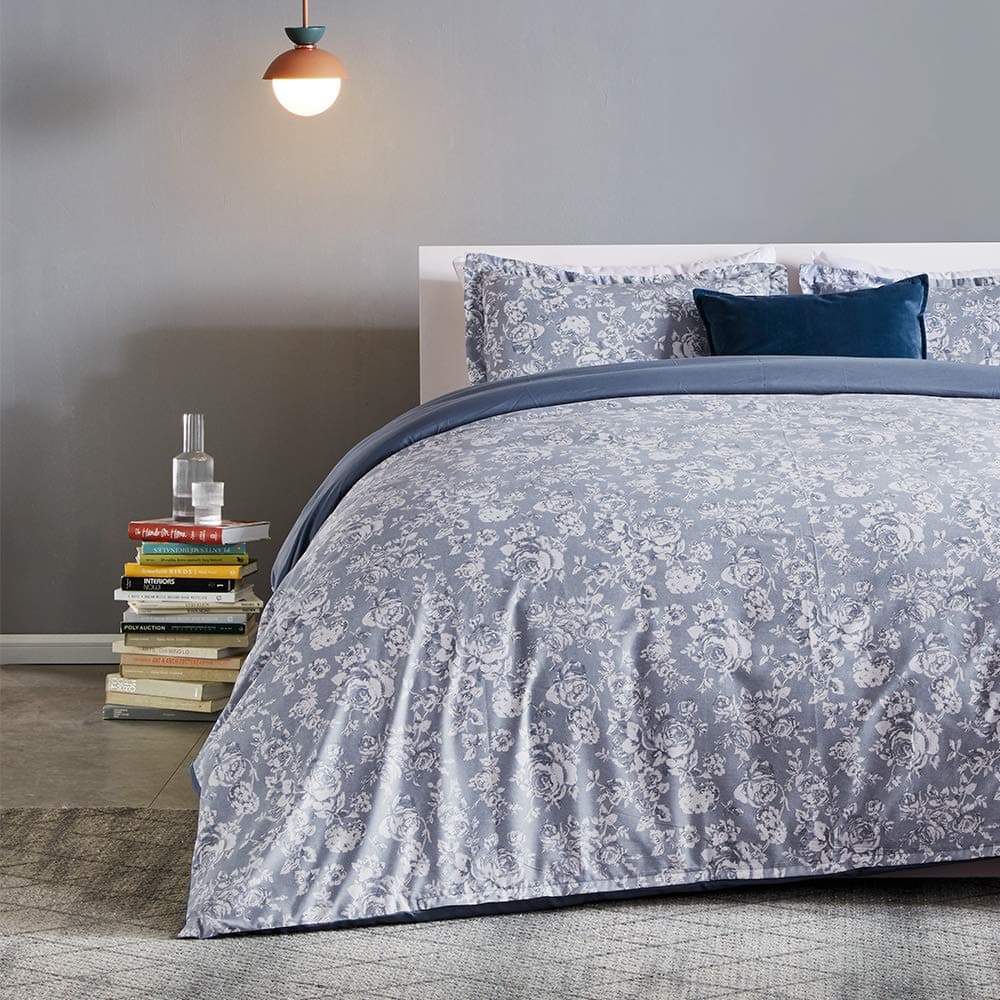 SLEEP ZONE Bedding Duvet Cover Sets Printed Pattern Elegant Peony 120gsm Ultra Soft Zipper Closure Corner Ties BlueFullQueen 90 X 90 inch 2 Pillow Shams