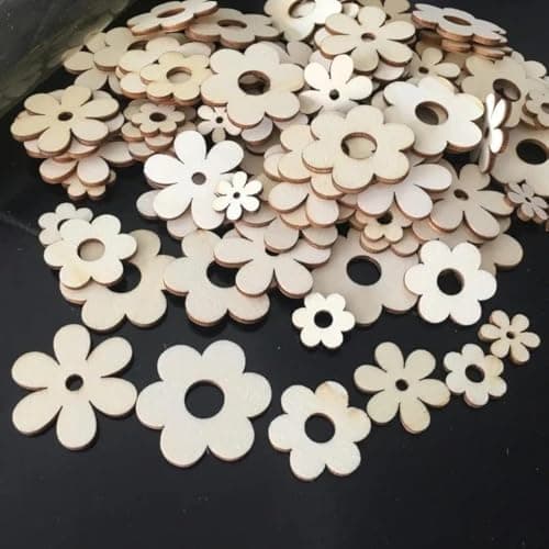 Wooden Flower Shapes - Assorted Sizes (50pcs), DIY Craft Supply, 3mm Thick, Blank Wood Cutouts with Hole - 1.18x1.57 inch