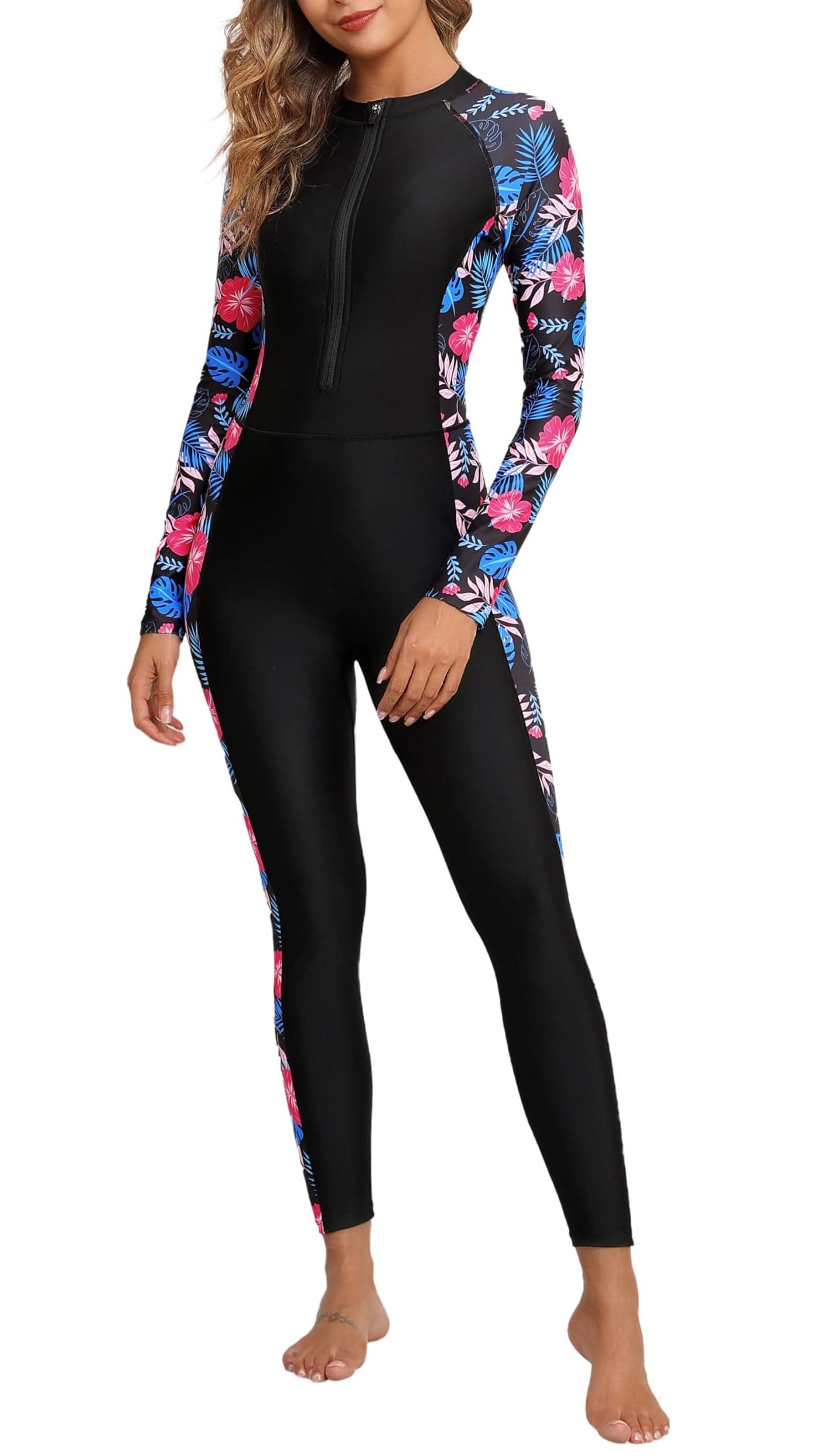 ALLTOKE Womens Full Body Zip Front Rash Guard Long Sleeve One Piece Bathing Suit with Built in Bra UPF50 Surf Swimsuit Black Pink Flower M