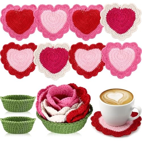 SmoothNovelty 10 Pcs Heart Crochet Coasters Set Cute Flower Crochet Coaster with Pot Handmade Pink Cup Mat Housewarming Gift for Home Bar Desk Decor