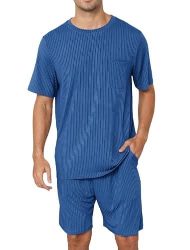 EISHOPEER Mens Pajama Set Kint Ribbed Sleepwear Nightwear Soft Short Sleeve Crew-Neck Pjs Sleep Set With Pockets Peacock BlueLarge
